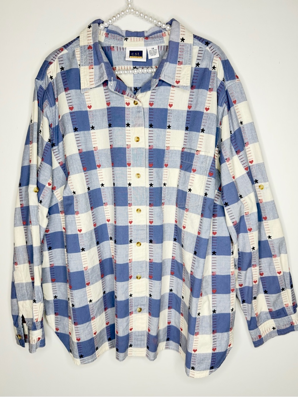 Vintage Blue and White  Button-Down Shirt with Red Flag Star Heart Accents